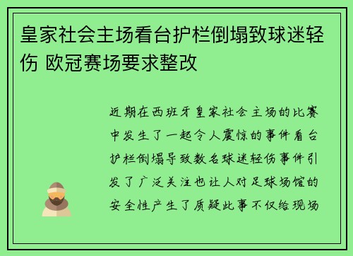 皇家社会主场看台护栏倒塌致球迷轻伤 欧冠赛场要求整改